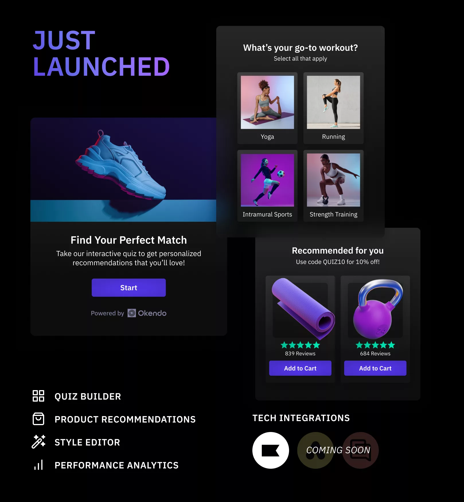 An ecommerce quiz showing the start of the quiz, a go-to workout question, and a personalized product recommendation