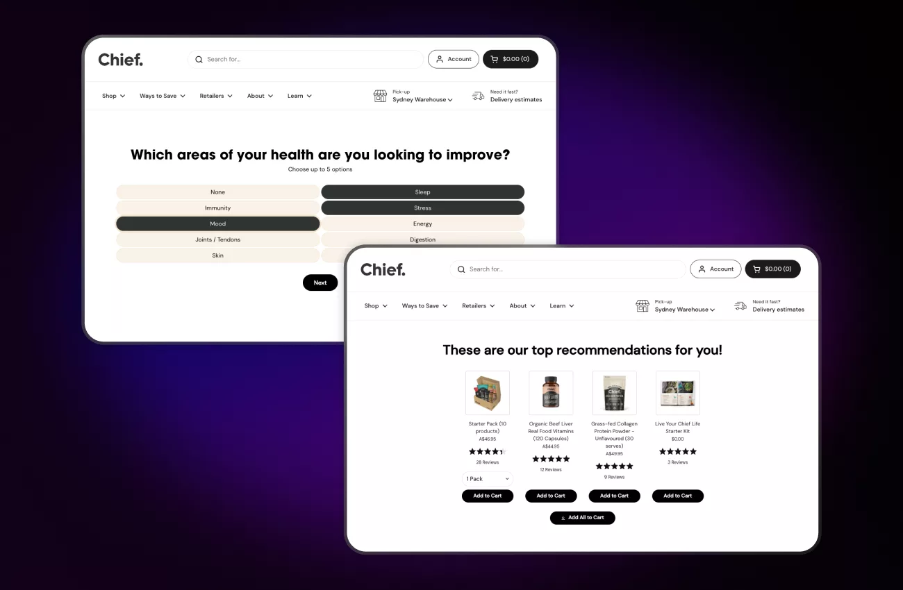 An example of an ecommerce quiz with the question, Which areas of your health are you looking to improve? And product recommendations based on the answer