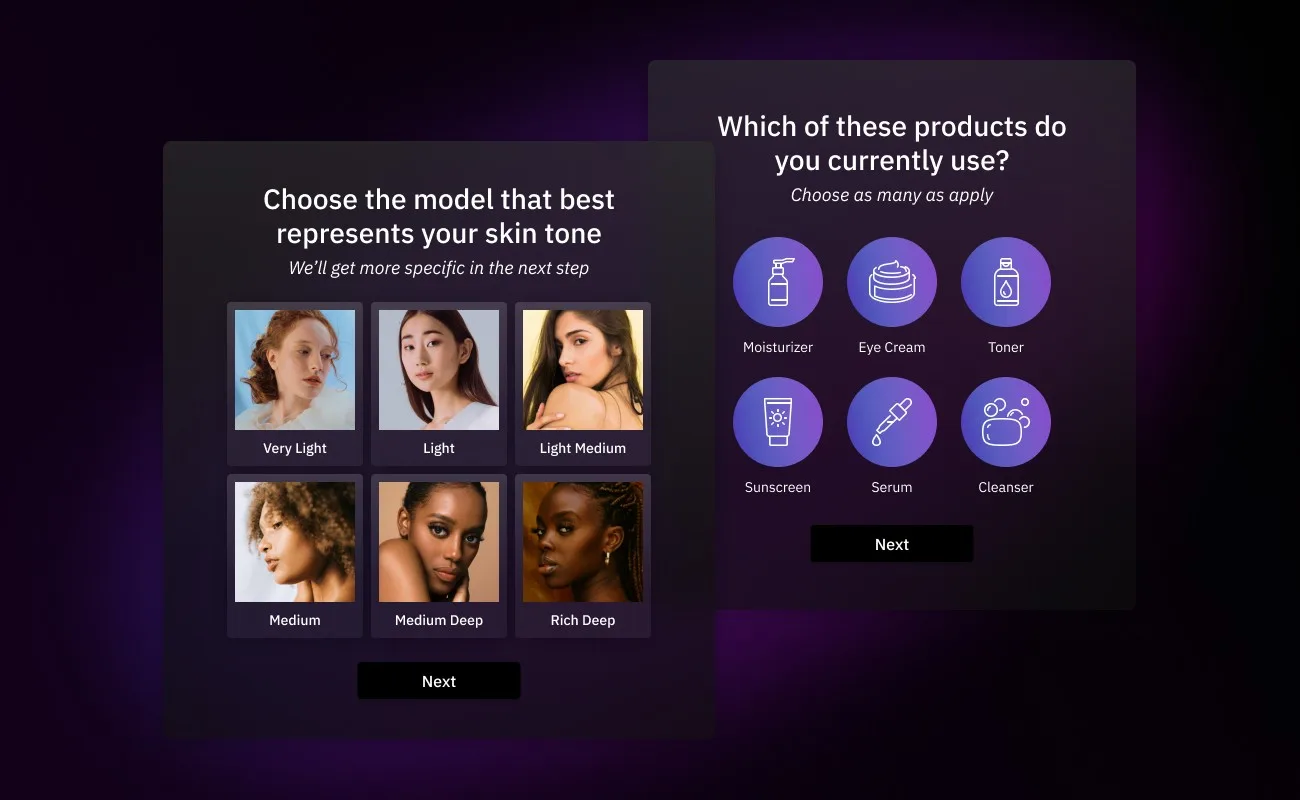 Skincare quiz that asks the consumer to choose a model that best represents their skin tone and to choose products they currently use