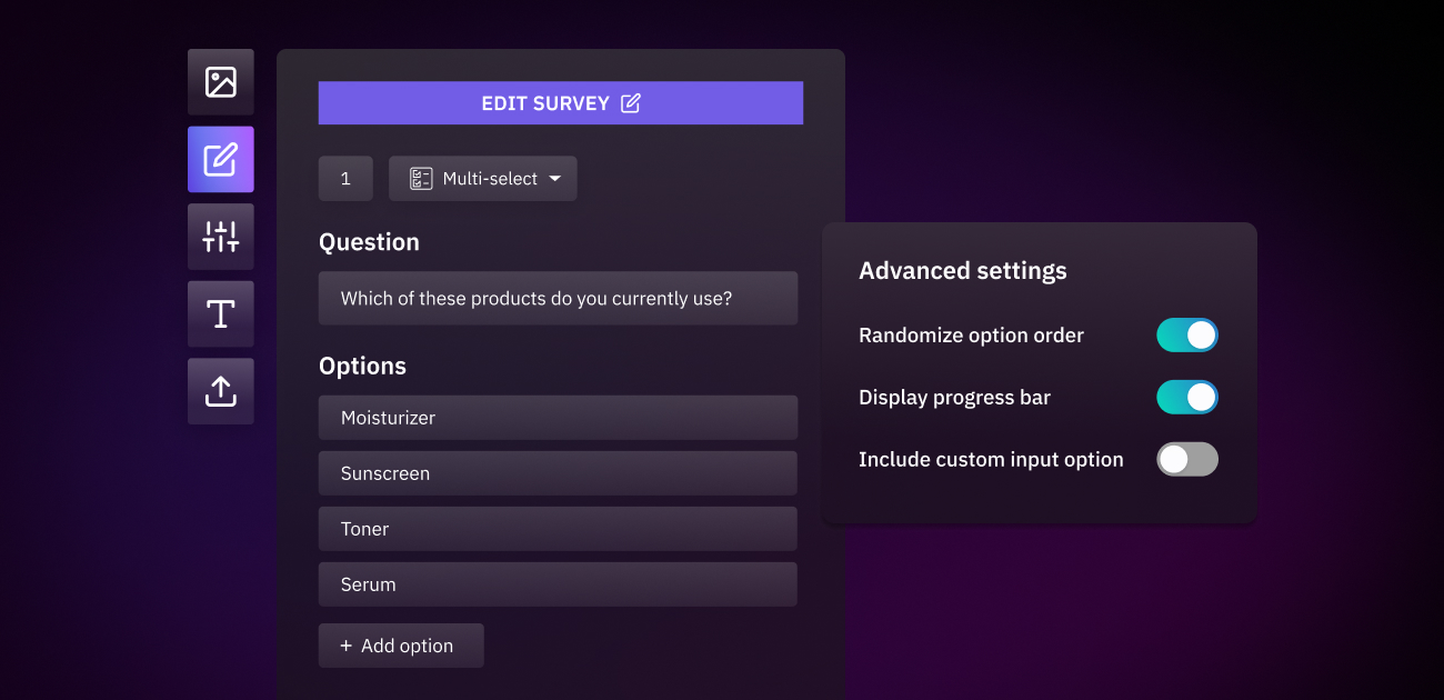 Settings in a survey tool 